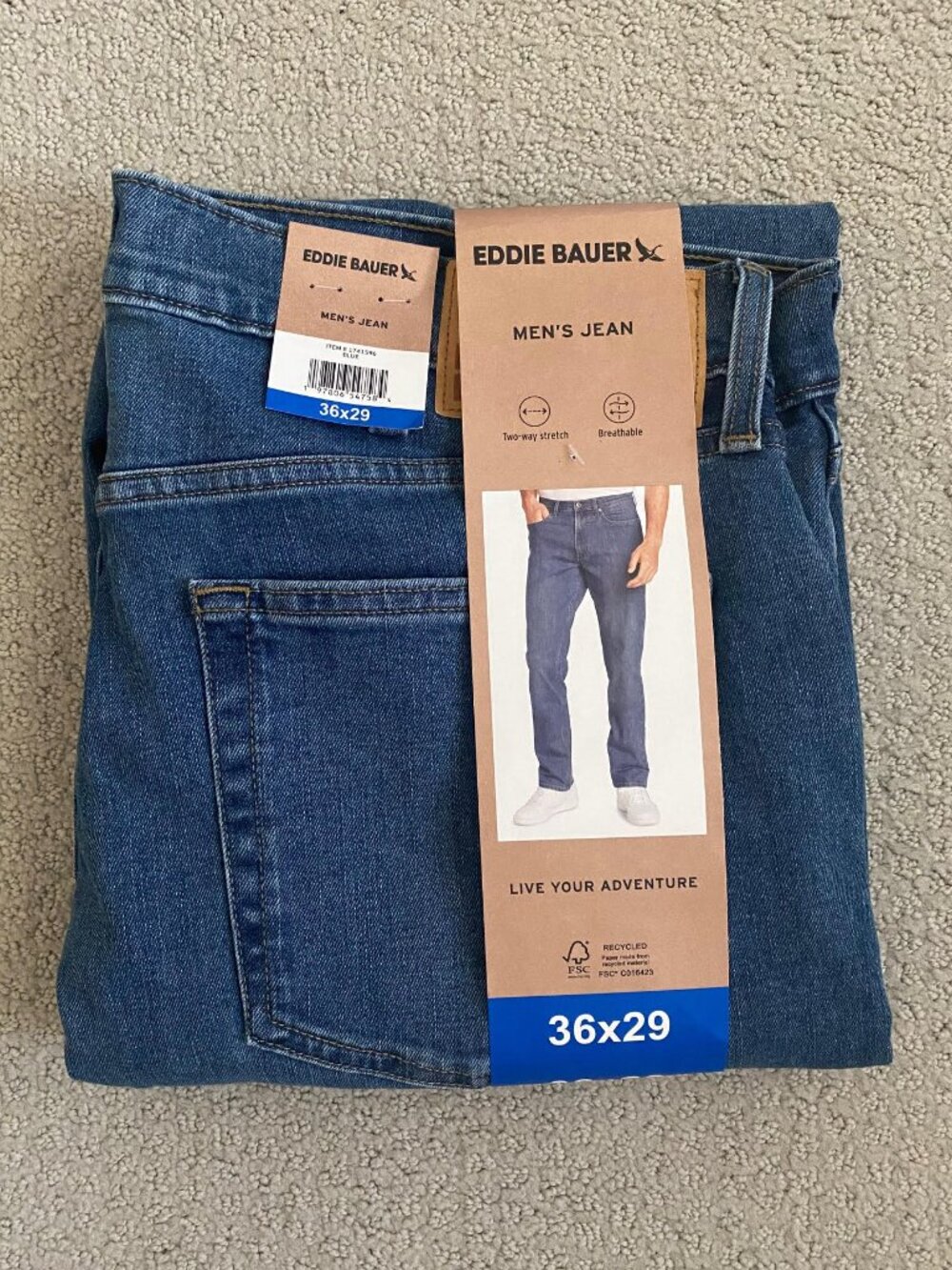 NWT Eddie Bauer Men's Straight Fit Stretch Denim Blue Jean, Blue, 36x29